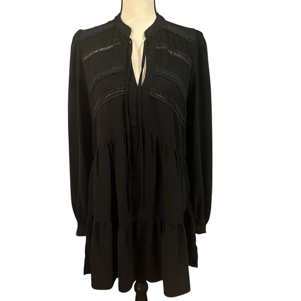 Pinch Women's Black Embroidered Long Sleeve Ruffle Mini Dress Sz S Boho Festival